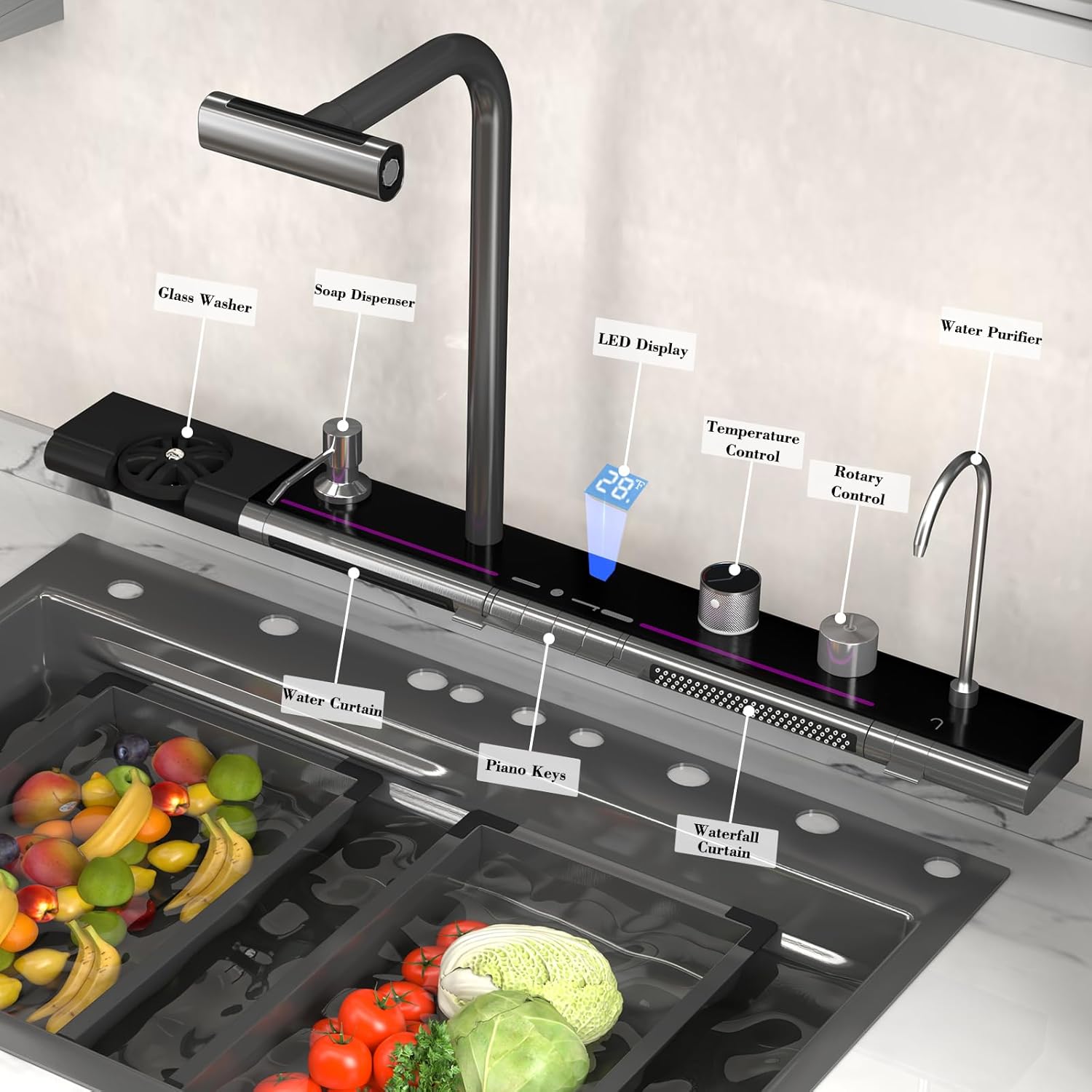 71-xmn9TJXL._AC_SL1500_ 33×22 Inch 304 Stainless Steel Kitchen Sink with Pull-out Rotatable Faucet, Water Purification, Soap Dispenser and Smart Digital Function, Single Bowl Double Waterfall Design - Image 7