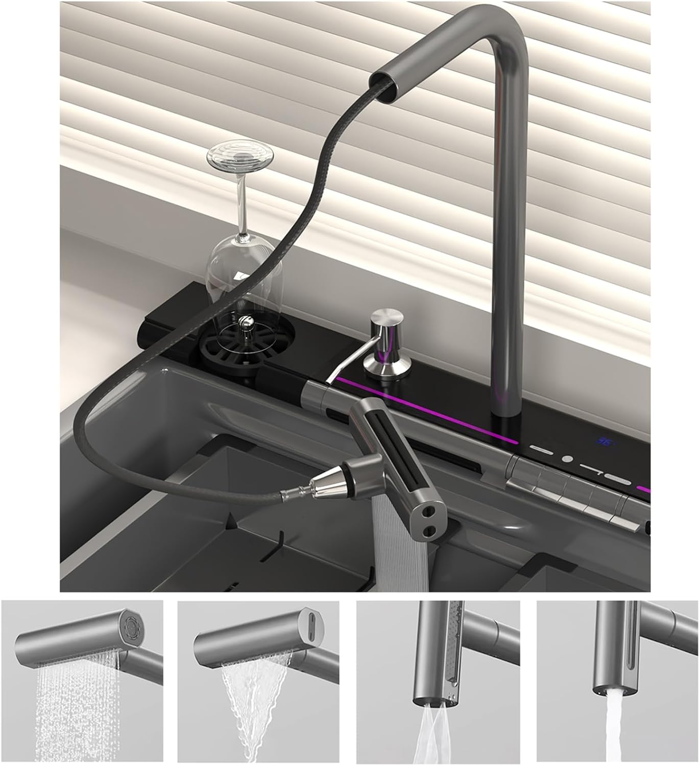 71DhsB1j8mL._AC_SL1500_ 33×22 Inch 304 Stainless Steel Kitchen Sink with Pull-out Rotatable Faucet, Water Purification, Soap Dispenser and Smart Digital Function, Single Bowl Double Waterfall Design - Image 2